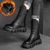 Winter-Leder-Damenstiefel 2025, kurze Plüsch-Schneestiefel mit mittlerem Absatz, Schnürung, warme Damen-Plattform, Biker-Stiefeletten für Damenschuhe