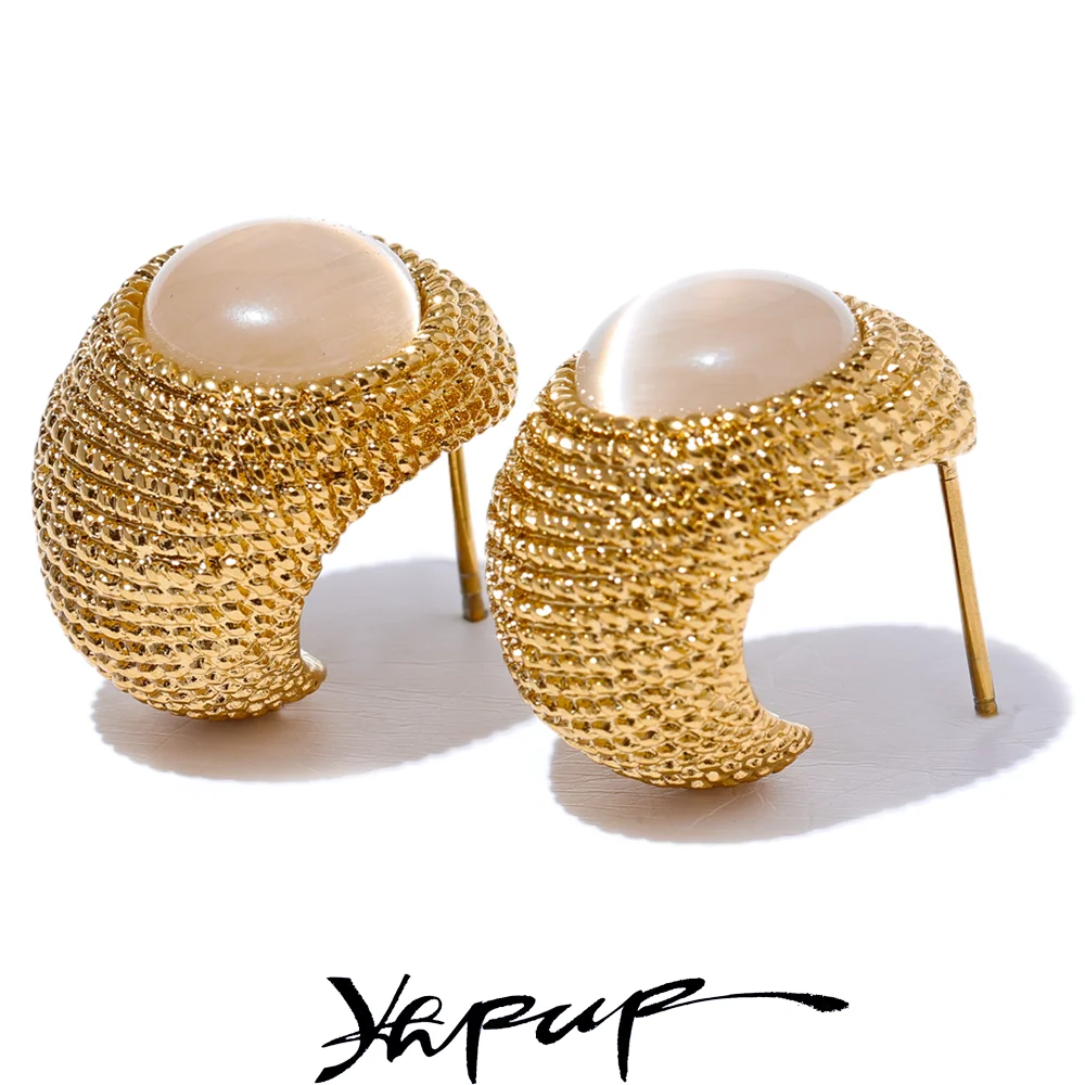 Yhpup Vintage Grün Blau Weiß Cat Eye Stein Edelstahl C Form Geometrische Mode Ohrringe Gold Farbe Mode Schmuck Geschenk