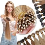 HAIRRO Hair Extensions Nano Ring Real Human Hair Dark Brown Nano Beads Tip Remy Human Hair Extensions 50 Strands 50G 18 Inch Dark Brown Ombre Medium Brown with Blonde Balayage