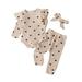 VERUGU Girls Outfits Toddler Baby Kids Fashion Heart Print Round Neck Long Sleeve Casual Romper Pants with Headband Three Piece Suit Beige 3-6 Months