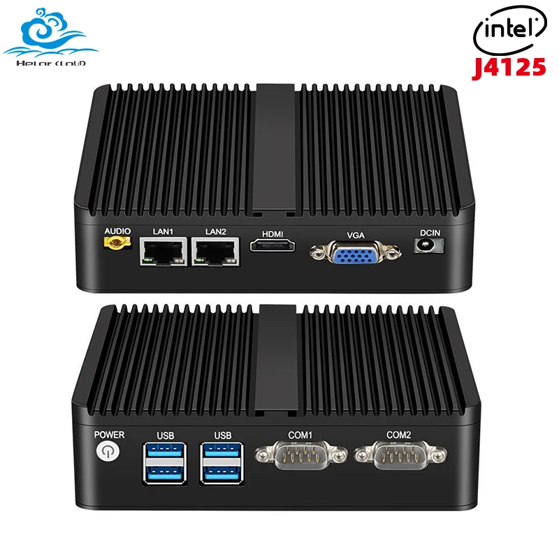 Mini PC industriel sans ventilateur, ordinateur Intel Celeron J4125, Windows 10, 2x Gigabit Ethernet, 2x RS232, DDR4, HDMI, VGA, WIFI, 3G, 4G