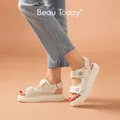 BeauToday sandali con plateau donna Lattice punta tonda gancio Loop Plaid panno estate Casual scarpe