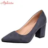 Aphixta Schuhe Platz Ferse Frauen Spitz Pumpen Mode Grau High Heels Flock Leder Schwarz Party Schuhe Plus Große größe 47 48 50