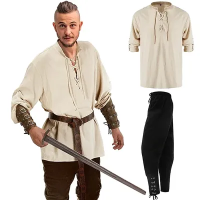 Retro Vintage mittelalterliche Renaissance Hose Outfits Hemd Pirat Herren Cosplay Kostüm Halloween Casual Daily Shirt Image