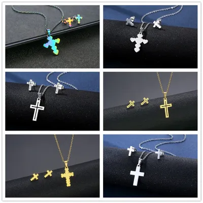 Stainless Steel Religious Jewelry Sets Jesus Cross Choker Necklaces & Earings Set Gold Color Multicolor Plated Pendant Studs