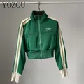 [YOZOU] Spring Double Zipper Baseball Cropped Jacket Women Outerwear Embroidered Striped Green Black