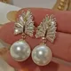 14K Gold Pearl Diamond Dangle Earring Party Wedding Drop Earrings for Women Bridal Engagement