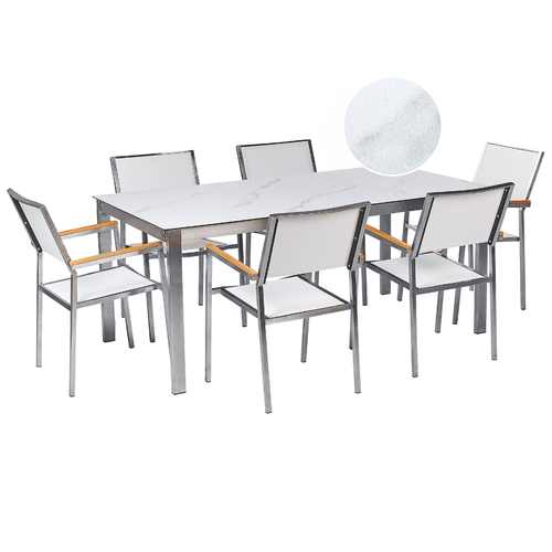 Gartenmöbel Set 7-Teilig Weiß Marmor Optik Edelstahl 6 Stühle Polyester Tisch 180x90cm Sicherheitsglas Keramik Gartenausstattung Outdoor Indoor