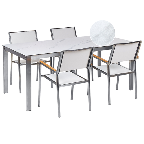 Gartenmöbel Set 7-Teilig Weiß Marmor Optik Edelstahl 4 Stühle Polyester Tisch 180x90cm Sicherheitsglas Keramik Gartenausstattung Outdoor Indoor