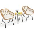 3 Pieces Patio Bistro Set Rattan Conversation Set with 2 Cushioned Armchairs & Round Glass Coffee Table Indoor Outdoor Wicker Furniture Set for Balcony Backyard Garden Poolside (White)