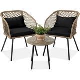 3-Piece Outdoor Wicker Bistro Set Patio Dining Conversation Furniture for Backyard Balcony Porch w/Diamond Weave Design Tempered Glass Side Table 2 Chairs - Black