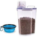 TIOVERY Dog Food Storage Container Small Cat Food Storage Container Airtight Plastic Dispenser with Graduated Measuring Cup Pourable Spout and Portable Collapsible Dog Bowl for Pet Food Birds Seed