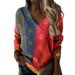 Ydkzymd 3/4 Length Sleeve Women S Blouses Dressy Casual Fall Elbow Compression Sleeve Graphic Oversized Fashion Tops Aztec Western Plus Size Blouses Color Block Cozy Floral Print V Neck Tunics Red 3XL