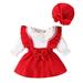 URMAGIC Newborn Baby Girl Long Sleeve Doll Collar Corduroy Ruffle Romper Top Skirt Hat Christmas Baby 3PCS Outfits