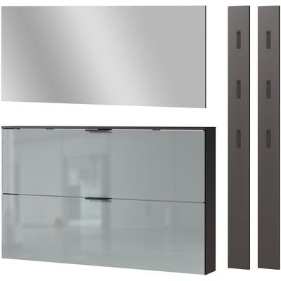 Garderoben-Set GERMANIA "Valega", grau (graphit, silbergrau), B:200cm H:200cm T:19cm, Spanplatte, Glas, Kastenmöbel-Sets, Schuhschrank mit Glasfronten, Spiegel und zwei Garderobenpaneelen Image