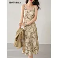 Sentubila Summer Printed Midi Slip Dresses for Women 2023 Fashion V Neck Strappy Sundress canotta