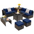 Costway Outdoor 9 Pieces Patio Furniture Set with 50,000 BTU Propane Fire Pit Table-Navy