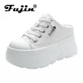 Fujin 9cm tela scarpe estive da donna in vera pelle Sneakers con zeppa piattaforma pantofole scarpe