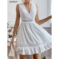 vestiti donna elegante pizzo cuciture abito corto donna estate casual bianco volant senza maniche