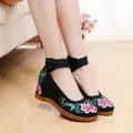 Comemore scarpe cinesi in tela con zeppa da donna 7cm piattaforme con tacco alto nascosto cinturino