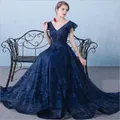 New Vintage Vestito Da Sera Navy Blu di Tulle Sexy Scollo A V Una Linea Lungo Da Promenade Del