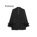 Willshela moda donna raso nero con giacca Blazer piuma Vintage collo dentellato bottone singolo