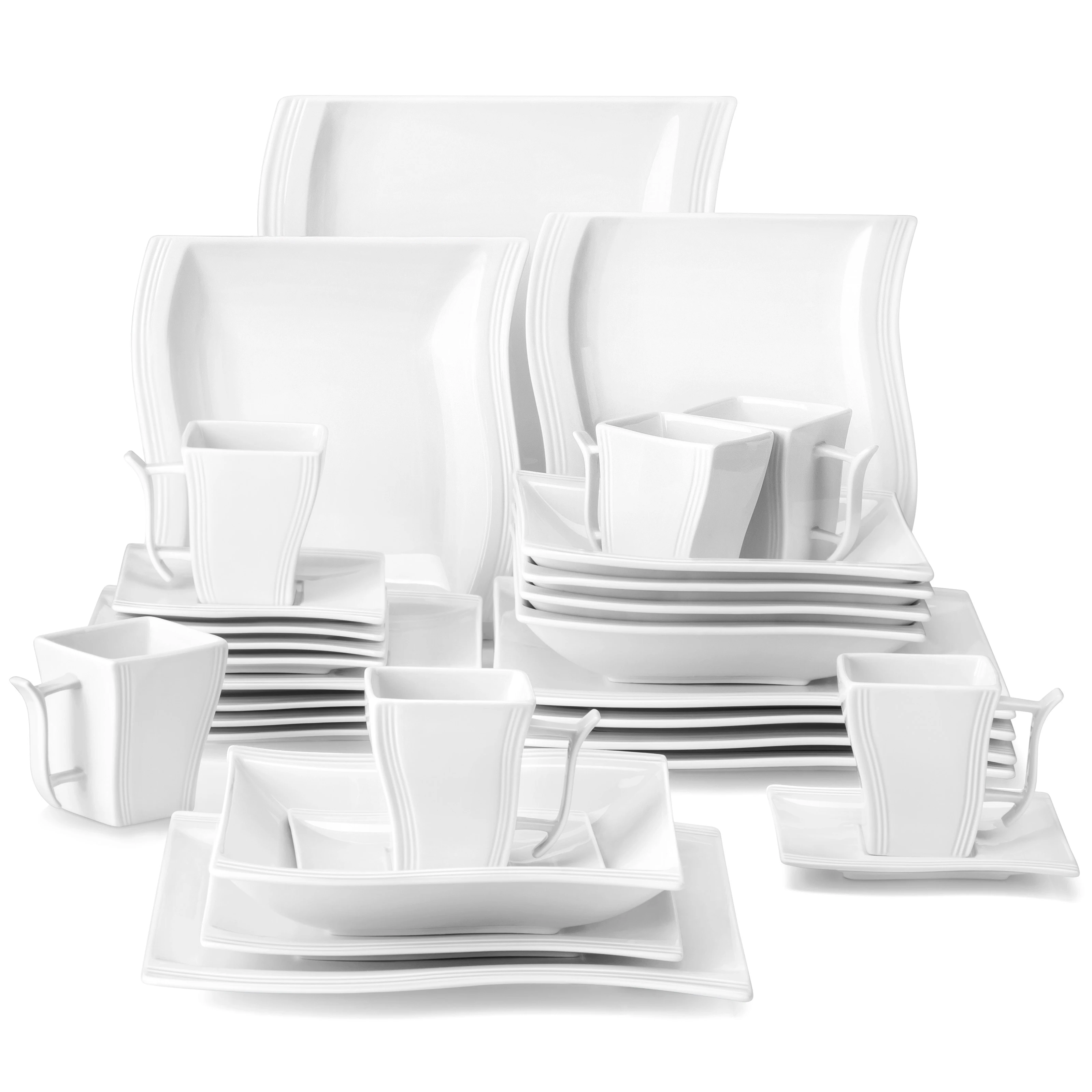 MALACASA FLORA Set da pranzo in porcellana bianca da 30/60 pezzi con 12 tazze, piaghetti, set di stoviglie per piatti da dessert e zuppa per 12 persone