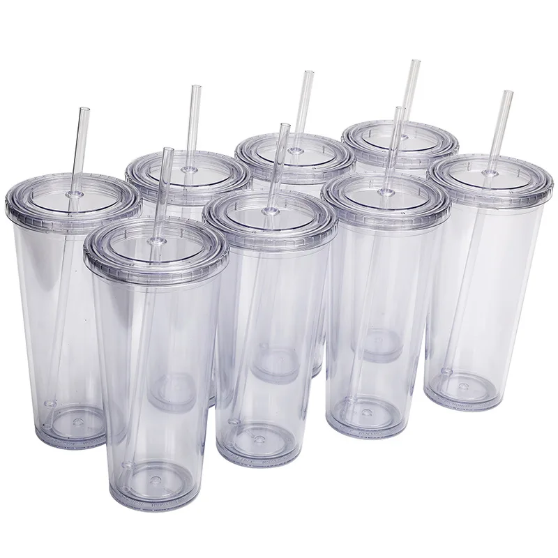 Bicchiere a doppia parete in plastica trasparente con cannuccia, coperchio piatto, coperchio nero e verde, 710 ml, 24 once, 2024 Nuovo