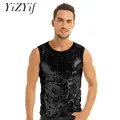 YiZYiF degli uomini di Carro Armato del Sequin Top Lucido Crop top Maglia Girocollo Maglia Sottile