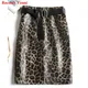 Genuine Leather Skirt For Women European American Fashion OL Lace Up Leopard Print Midi Jupe Femme