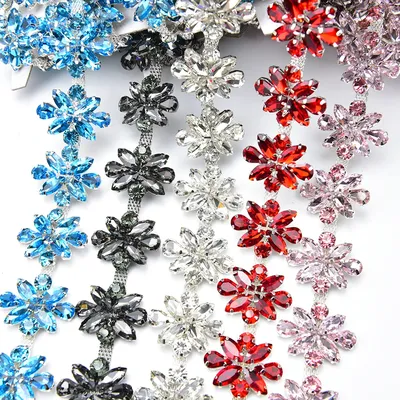 Crystal Horse Eye Glass Rhinestone Flower Diamond Cup Chain Trim Sew on Applique Garment Belt Decoration Vamp Dress Accessories