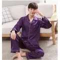 Purple Mens Nightwear 2pc Shirt Pants Sleep Pajamas Sets Sleepwear Spring Autumn Rayon Silk