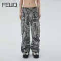 FEWQ Men's Jeans High Street American Fashion Raw Edge Multi Pocket Straight Tube Wide Leg Loose