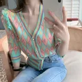 Knitted Short Sleeve Women Thin Cardigan Sweaters 2023 Spring Summer New V-Neck Cropped Tops Fashion