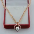 FJ Women Girls 585 Rose Gold Color Heart Simulated Pearl Crystal Pendant Necklace Jewelry