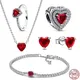 Hot selling 925 sterling silver new sparkling red heart necklace full diamond ring set earring