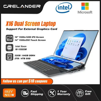 CRELANDER Dual Screen Laptop 16.1 Inch + 14.1 Inch Touchscreen Intel 10855M Processor Gaming Laptop Business Notebook Computer