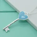 925 Sterling Silver Women Fine Fashion Cute Blue Heart Key Necklace For Girl Pendants Top Quality