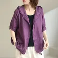 Linen Women's Jacket Spring Summer Jacket with Hat Cotton and Linen Short Coat Plus Size Loose Retro