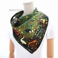 Army green luxury silk scarf women printed bird 100% real silk twill scarves wrap foulard shawl