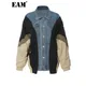 [EAM] Loose Fit Blue Denim Color-block Big Size Jacket New Lapel Long Sleeve Women Coat Fashion Tide