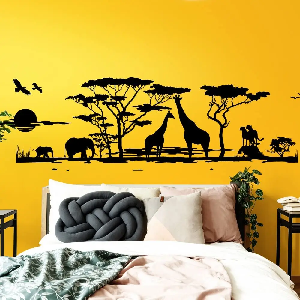 Großer Afrika Savannah Tiere Baum Wandaufkleber Wohnzimmer Schlafzimmer Giraffe Vogel Elefant Safari Dschungel Wandtattoo Kinderzimmer