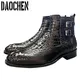 Luxury Men Ankle Boots Shoes Black Brown Crocodile Printed Zipper Chelsea Double Buckle Genuine