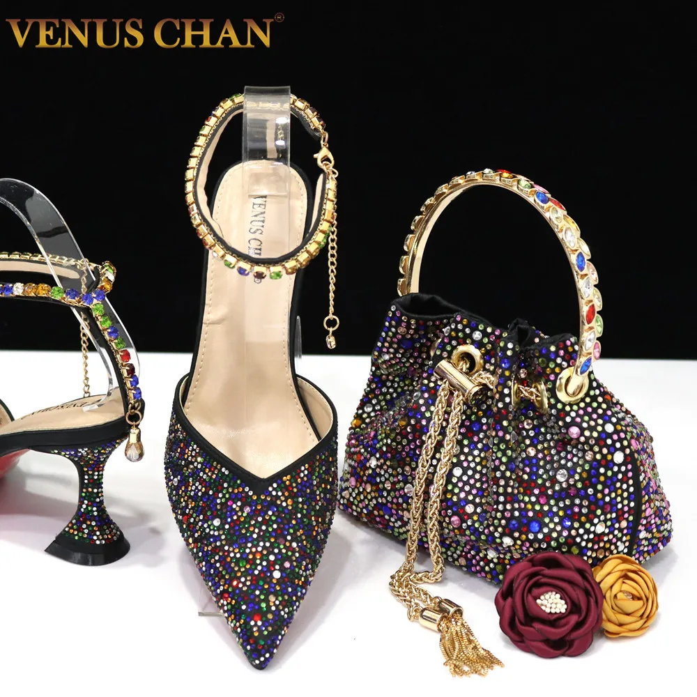 Venus Chan italienisches Design Luxus Damenschuhe und Tasche Set, volle Diamant dekoration Metall verschluss Tasche
