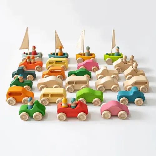 Linde Regenbogen Auto Set mit Peg Puppen Kinder kleine Welt spielen Spielzeug Stapel blöcke Waldorf