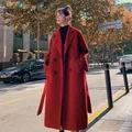 Winter Trench Coat For Women Elegant Fashion Korean Casual Thick Wool Coat Red Lace-up Long Jacket