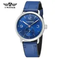 T-WINNER Simple casual men's and women's watches with blue dial and leather strap automatic