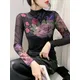 Size S-4XL High Neck Long Sleeve Mesh Positioning Printing T-shirt Lady Fairy Floral Tee Women Light