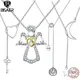 BISAER 925 Sterling Silver Key Zircon Necklaces Angel Wings Neck Heart Chain Plated Platinum Women