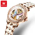 OLEVS Mechanical Watch for Women Ceramic Blue strap Original Wristwatch Skeleton Automatic Diamond